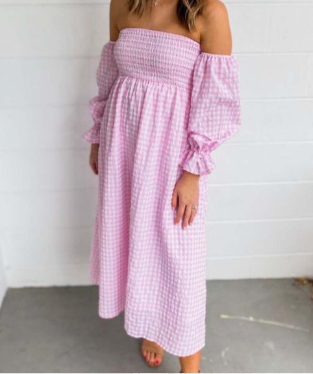 Moodie Pink Gingham Smocked Puff Sleeve Midi Dress, Sz L
